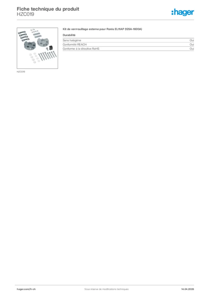 Image Hager Fiche technique du produit HZC019 | Hager Suisse
