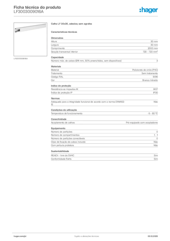 Imagem Hager Ficha técnica do produto LF3003009016A | Hager Portugal
