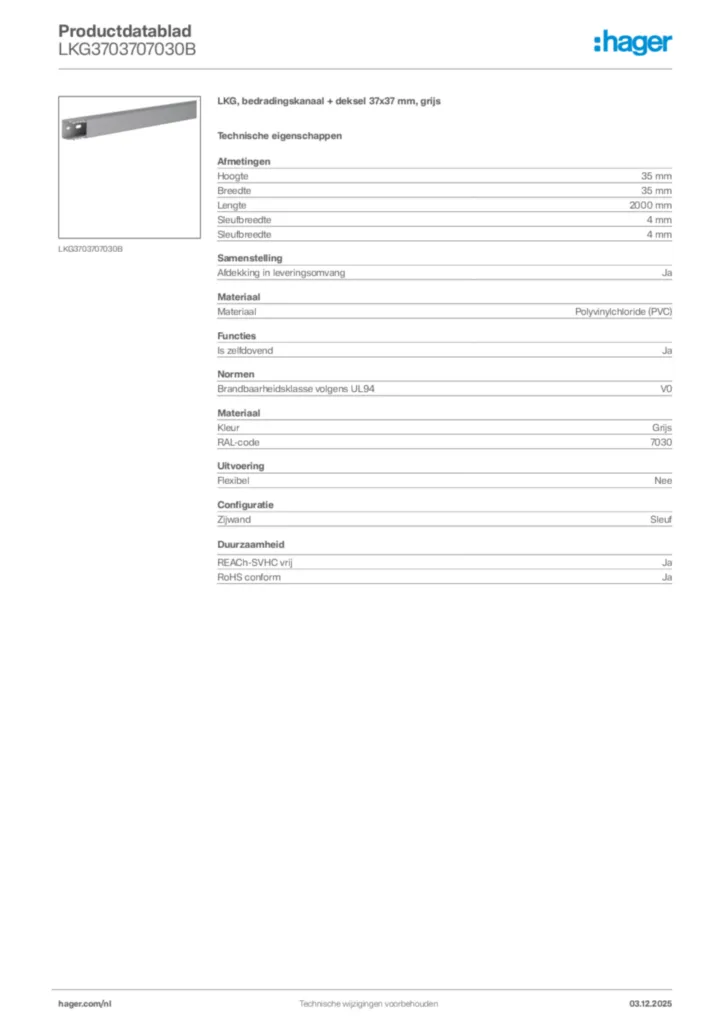 Afbeelding Hager Productdatablad LKG3703707030B | Hager Nederland