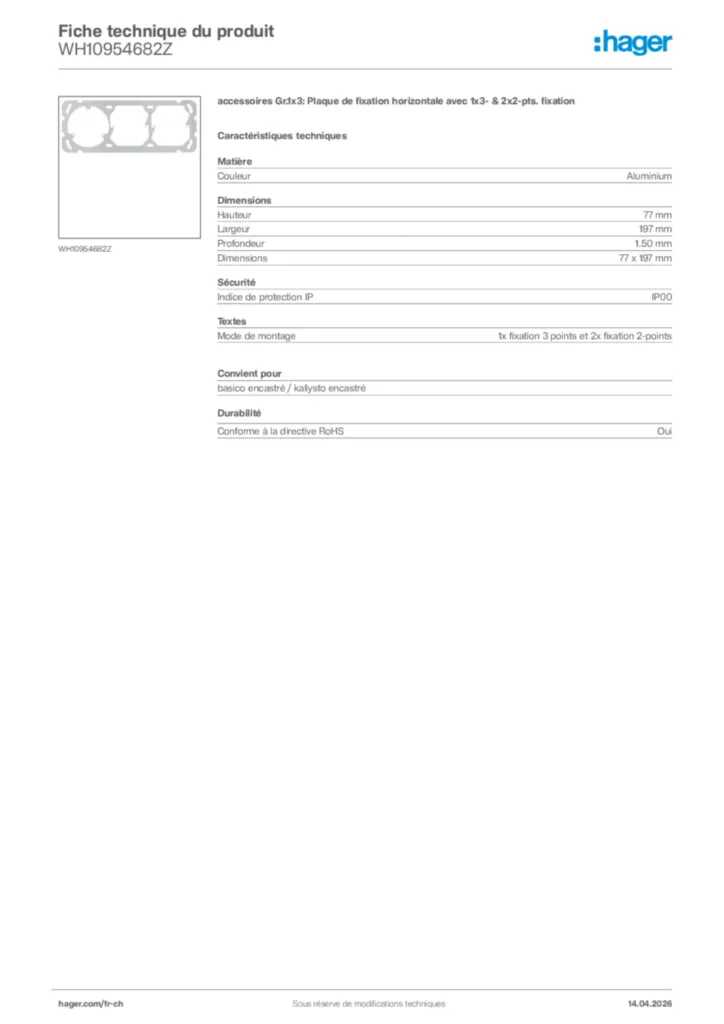 Image Hager Fiche technique du produit WH10954682Z | Hager Suisse