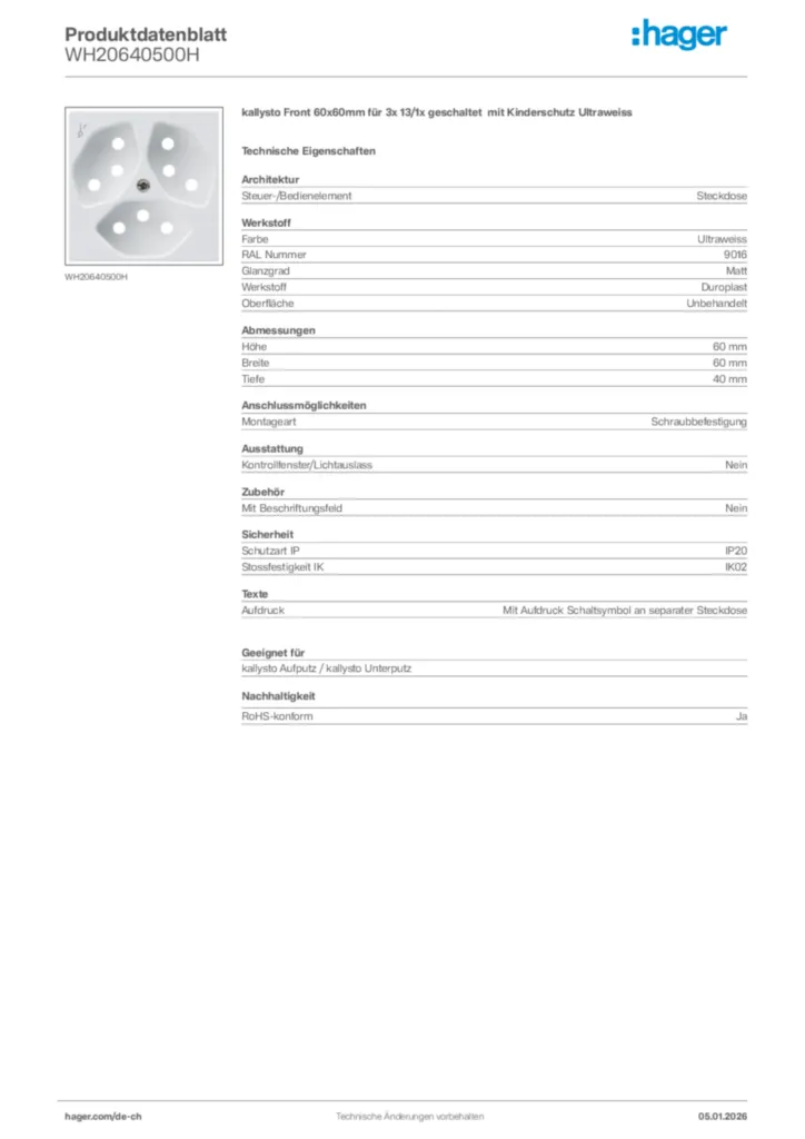 Bild Hager Produktdatenblatt WH20640500H | Hager Schweiz