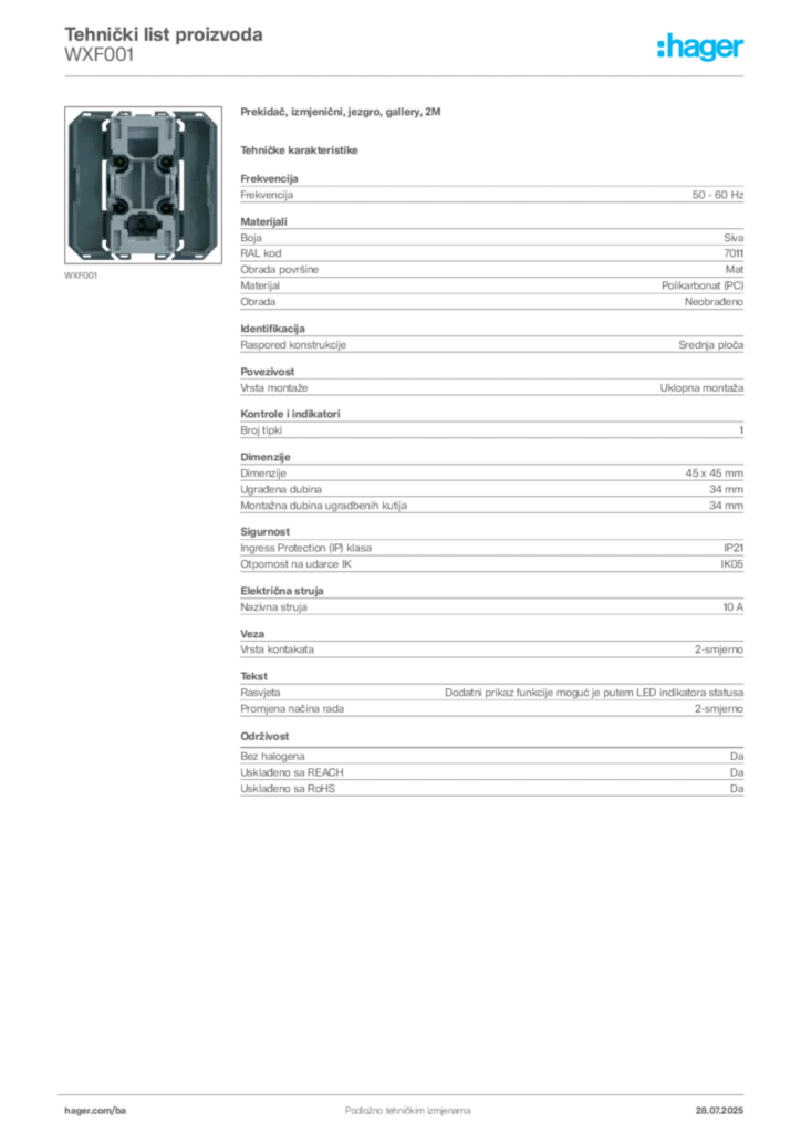 Slika Hager Product data sheet WXF001  | Hager