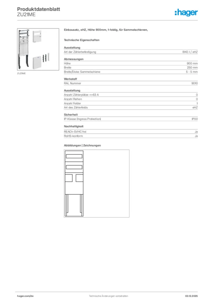 Hager Produktdatenblatt ZU21ME