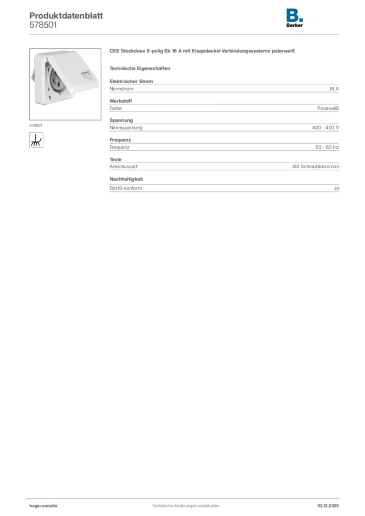 Bild Berker Produktdatenblatt 578501 | Hager Deutschland