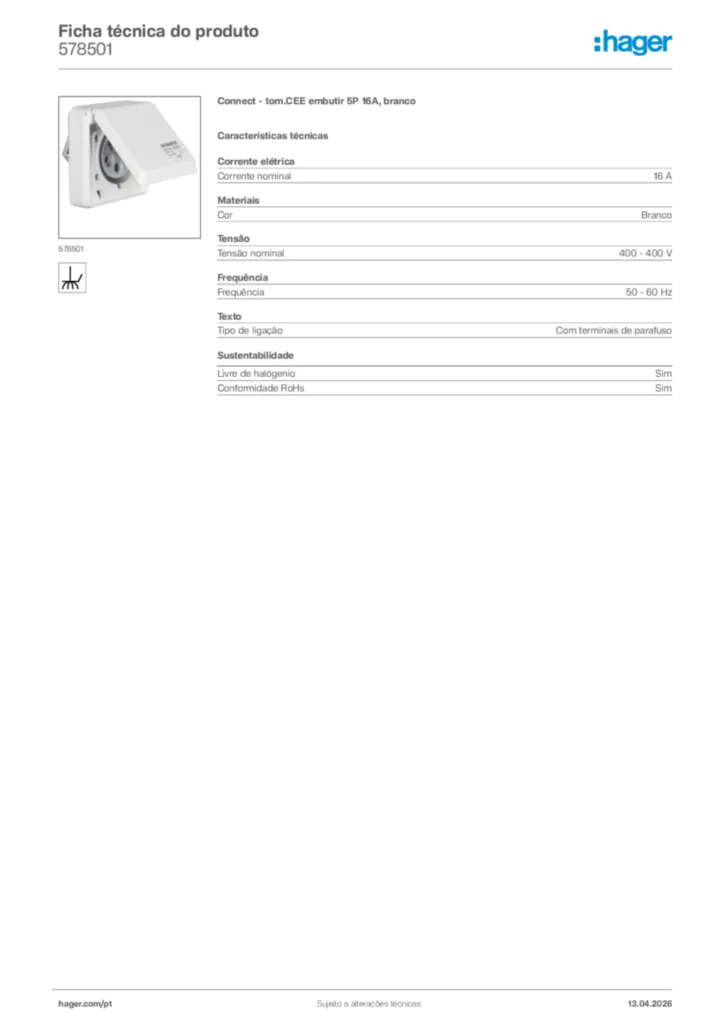 Imagem Hager Ficha técnica do produto 578501 | Hager Portugal
