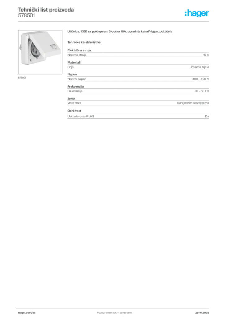 Slika Hager Product data sheet 578501  | Hager