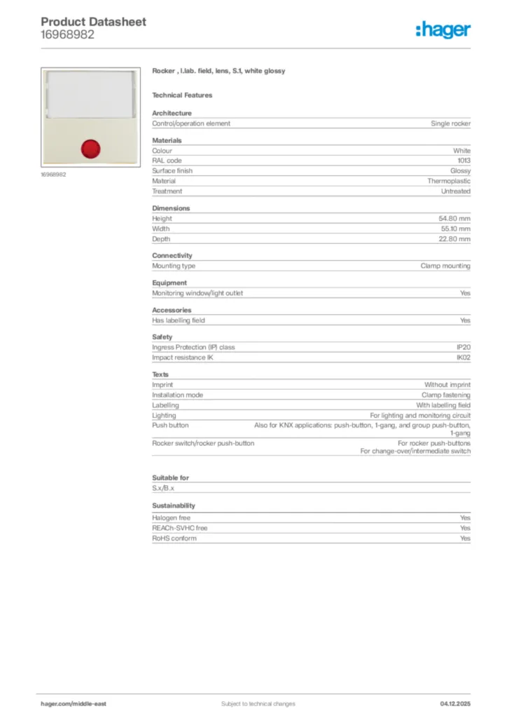 Image Hager Product data sheet 16968982  | Hager