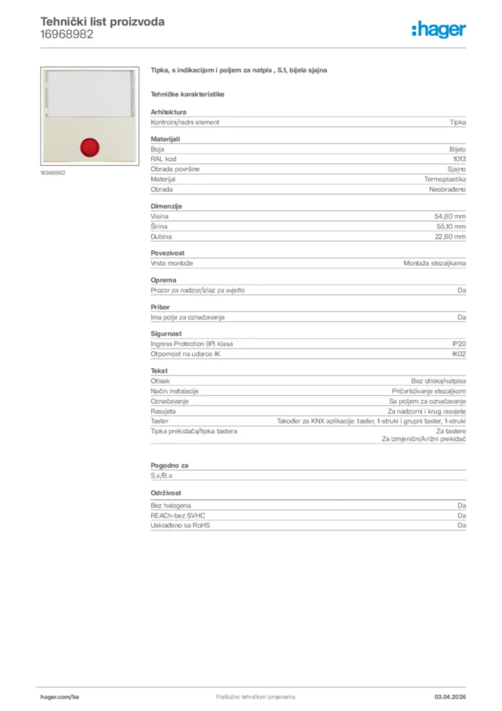 Slika Hager Tehnički list proizvoda 16968982  | Hager