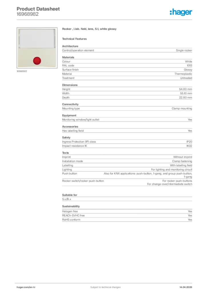 Image Hager Product data sheet 16968982  | Hager