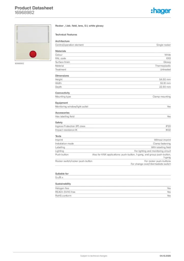 Image Hager Product data sheet 16968982  | Hager
