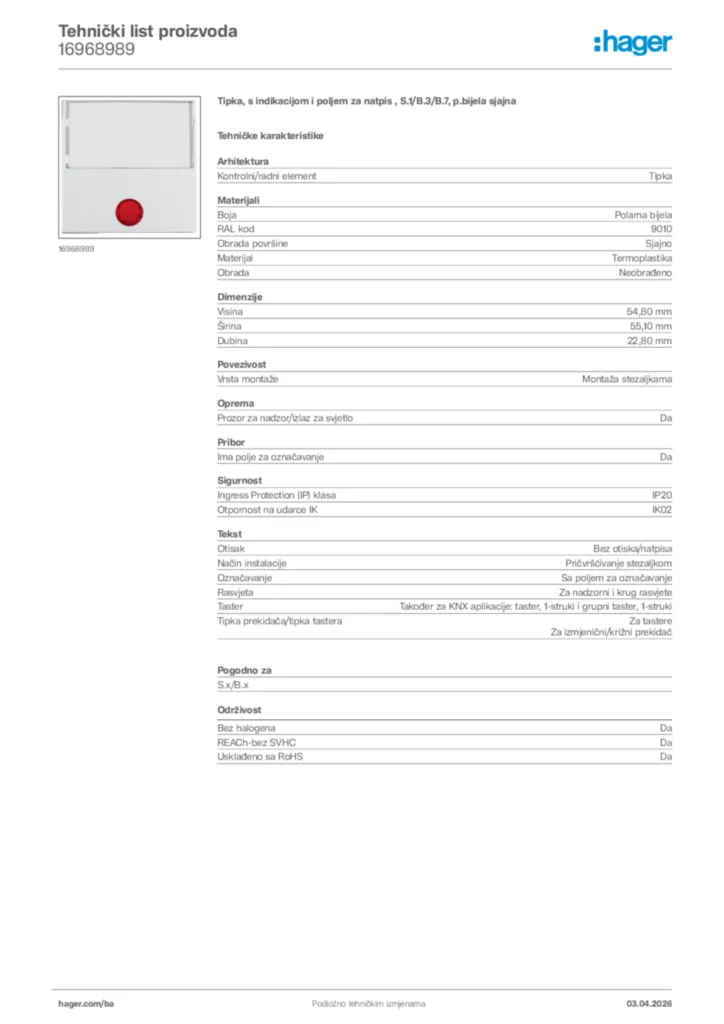 Slika Hager Tehnički list proizvoda 16968989  | Hager