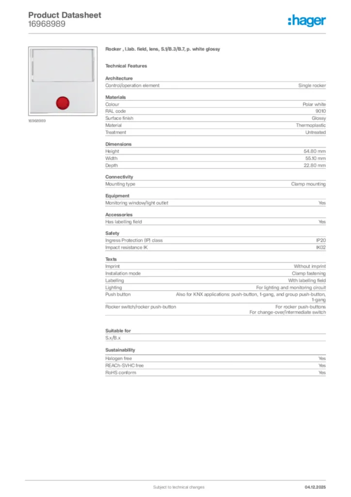 Image Hager Product data sheet 16968989  | Hager
