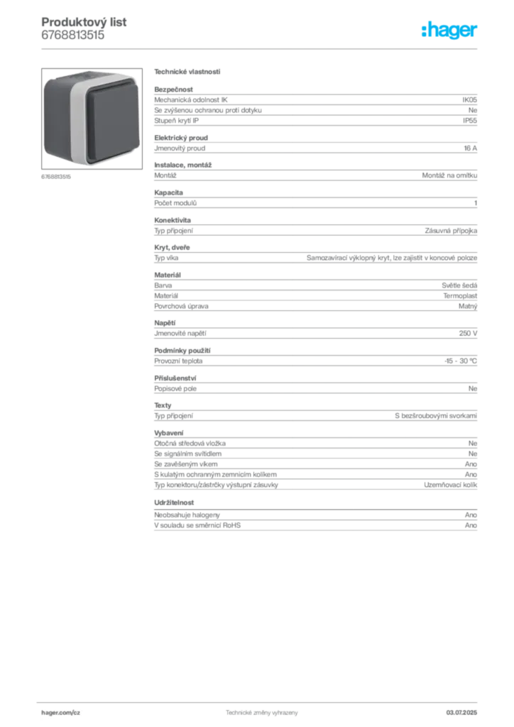 Obrázek Hager Product data sheet 6768813515 | Hager