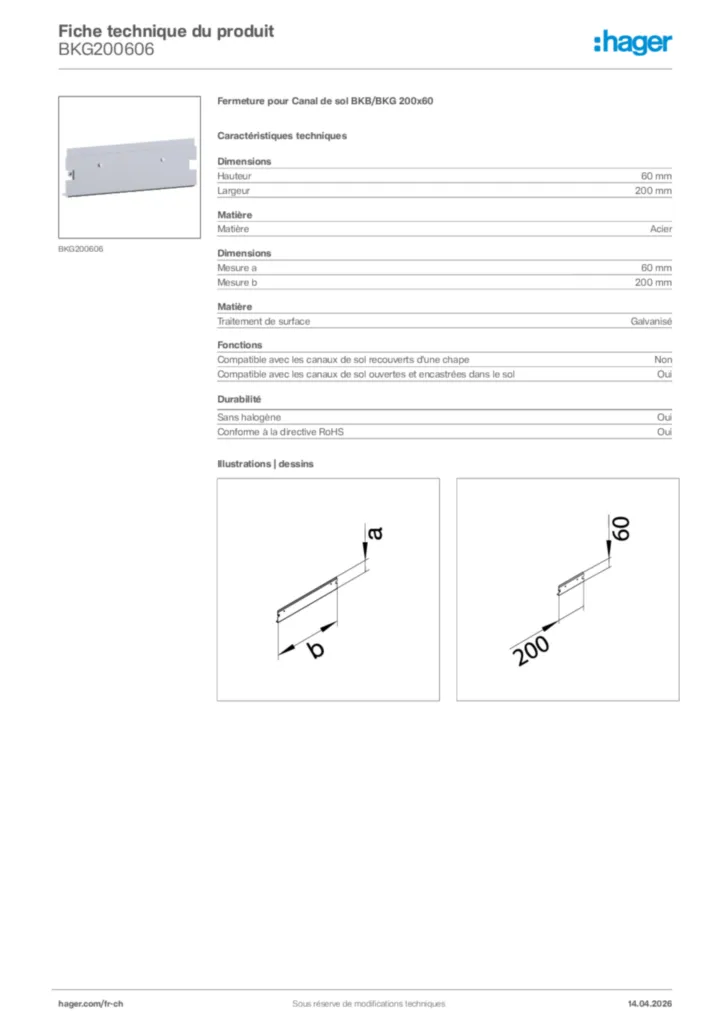 Image Hager Fiche technique du produit BKG200606 | Hager Suisse