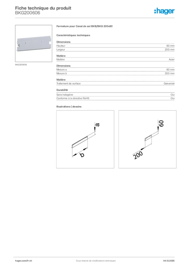 Image Hager Fiche technique du produit BKG200606 | Hager Suisse