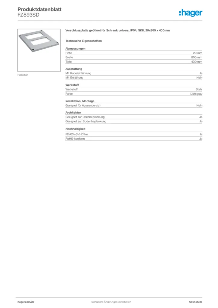 Bild Hager Produktdatenblatt FZ893SD | Hager Deutschland