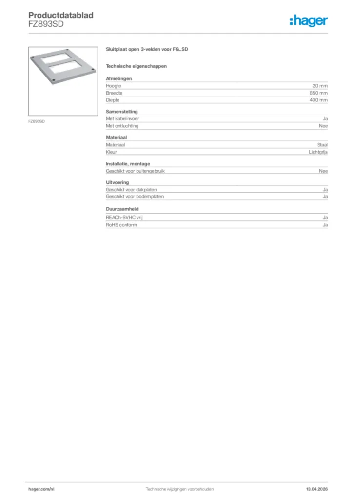 Afbeelding Hager Productdatablad FZ893SD | Hager Nederland