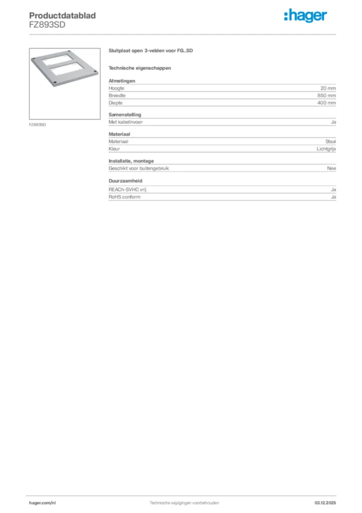 Afbeelding Hager Productdatablad FZ893SD | Hager Nederland