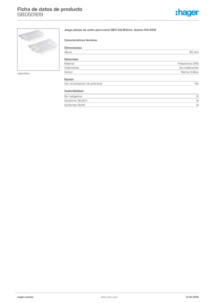Imagen Hager Ficha de datos de producto GBD501619 | Hager España