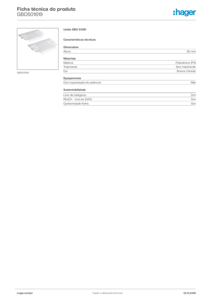 Imagem Hager Ficha técnica do produto GBD501619 | Hager Portugal