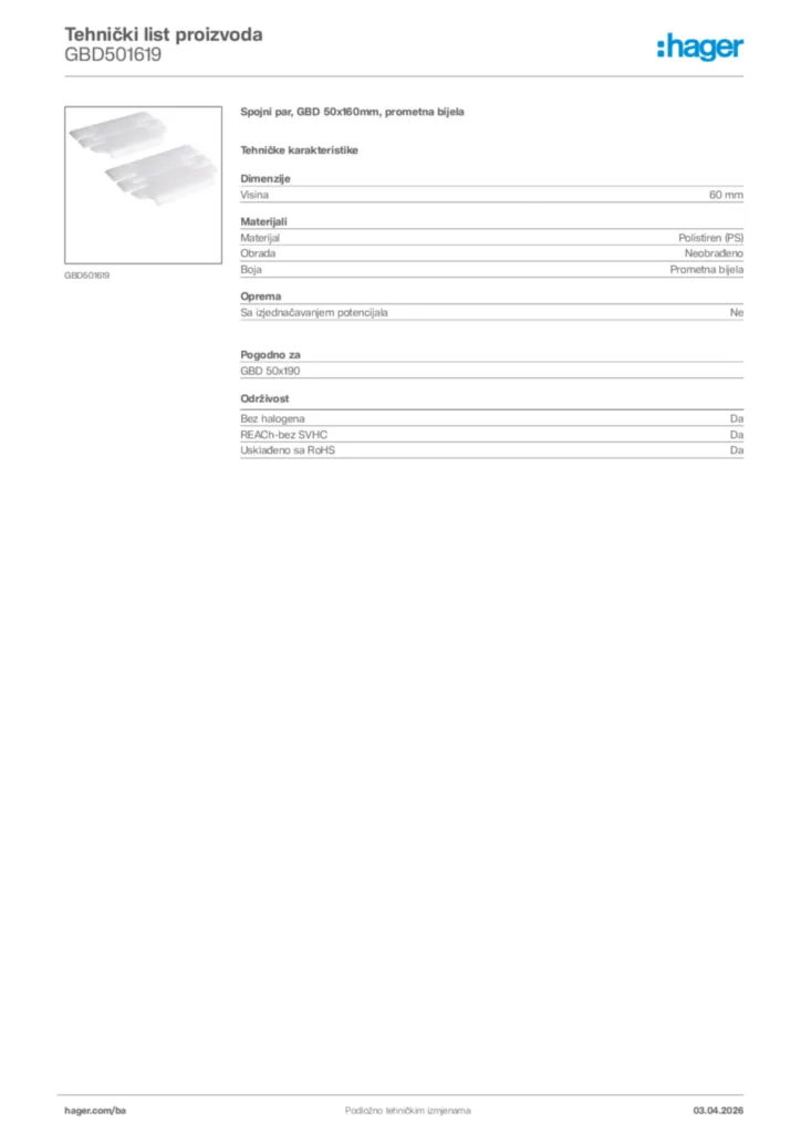 Slika Hager Tehnički list proizvoda GBD501619  | Hager