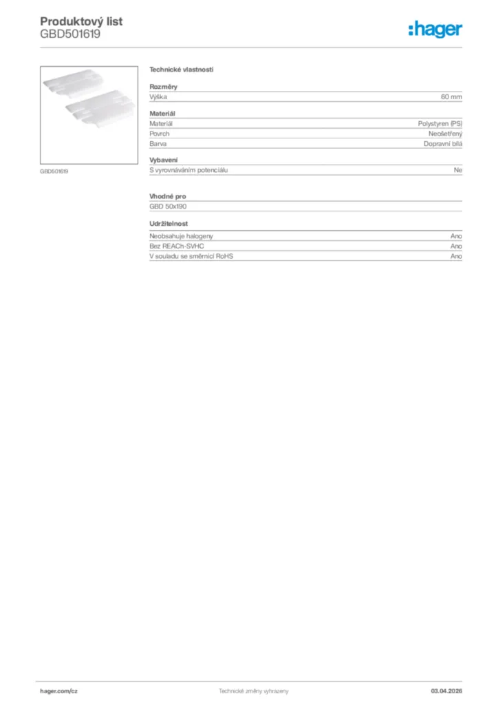 Obrázek Hager Product data sheet GBD501619 | Hager