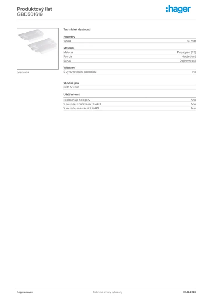 Obrázek Hager Produktový list GBD501619 | Hager