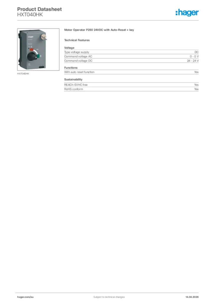 Image Hager Product data sheet HXT040HK  | Hager Australia
