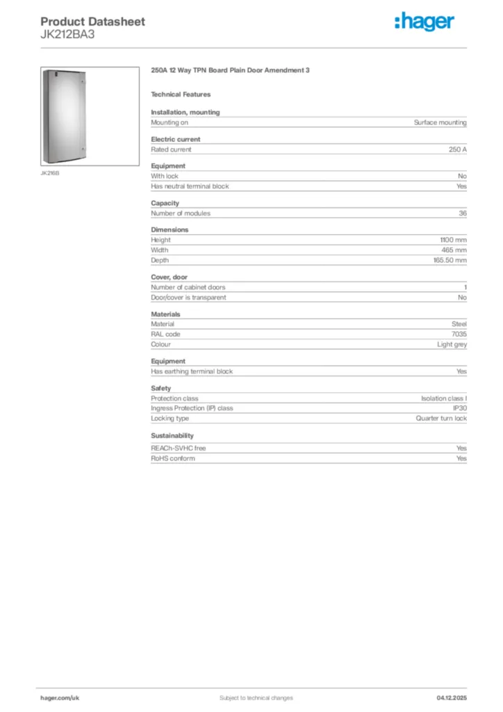 Image Hager Product data sheet JK212BA3  | Hager