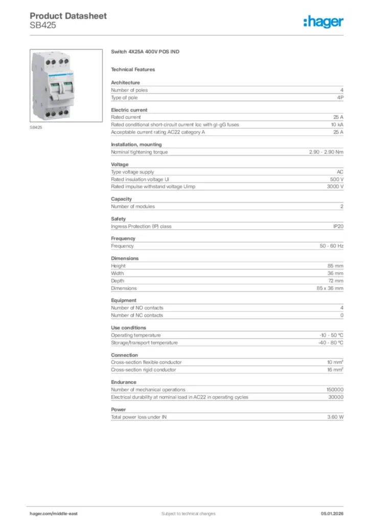 Image Hager Product data sheet SB425  | Hager