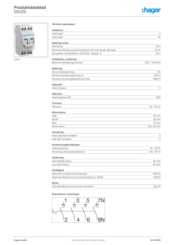 Bild Hager Produktdatablad SB425 | Hager Sverige
