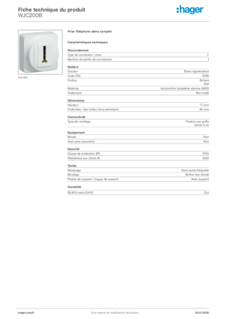 Image Hager Fiche technique du produit WJC200B | Hager France