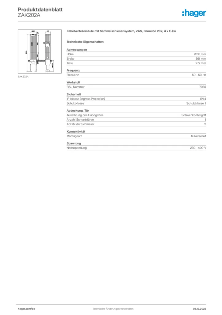 Bild Hager Produktdatenblatt ZAK202A | Hager Deutschland