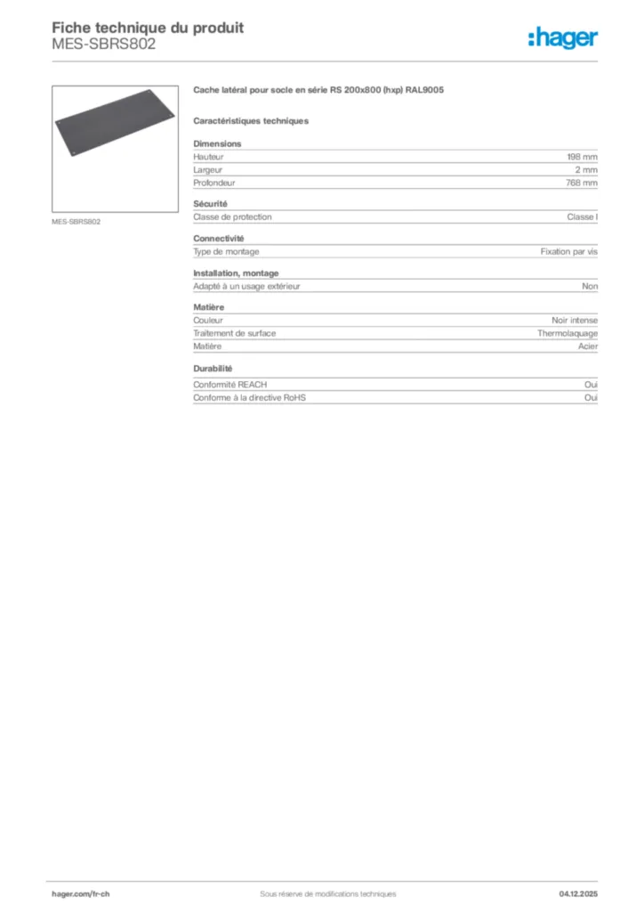 Image Hager Fiche technique du produit MES-SBRS802 | Hager Suisse