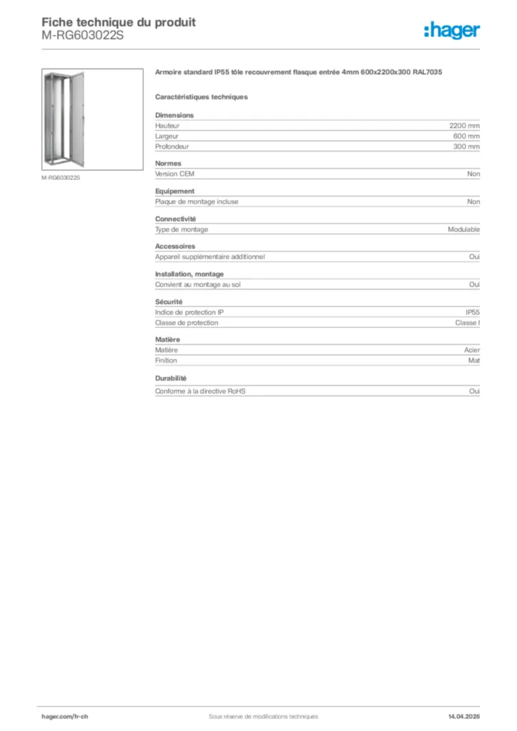 Image Hager Fiche technique du produit M-RG603022S | Hager Suisse