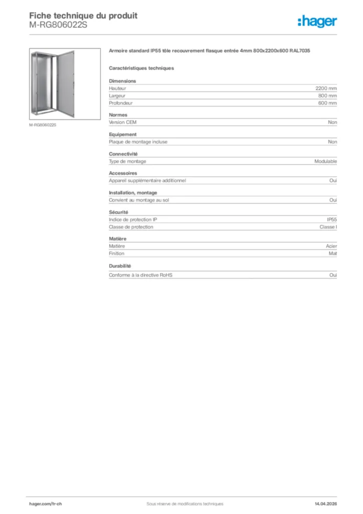 Image Hager Fiche technique du produit M-RG806022S | Hager Suisse