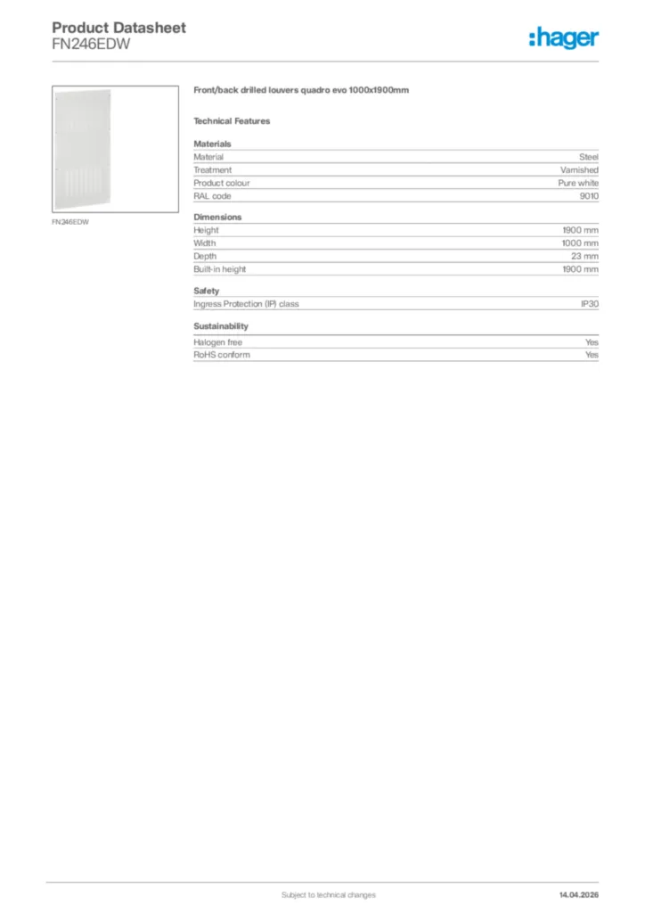 Image Hager Product data sheet FN246EDW  | Hager Africa