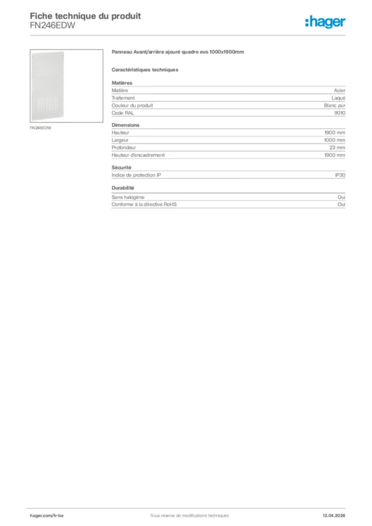 Image Hager Fiche technique du produit FN246EDW | Hager Belgique