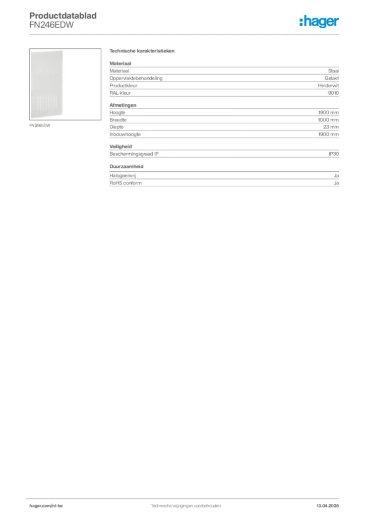 Afbeelding Hager Productdatablad FN246EDW | Hager Belgium
