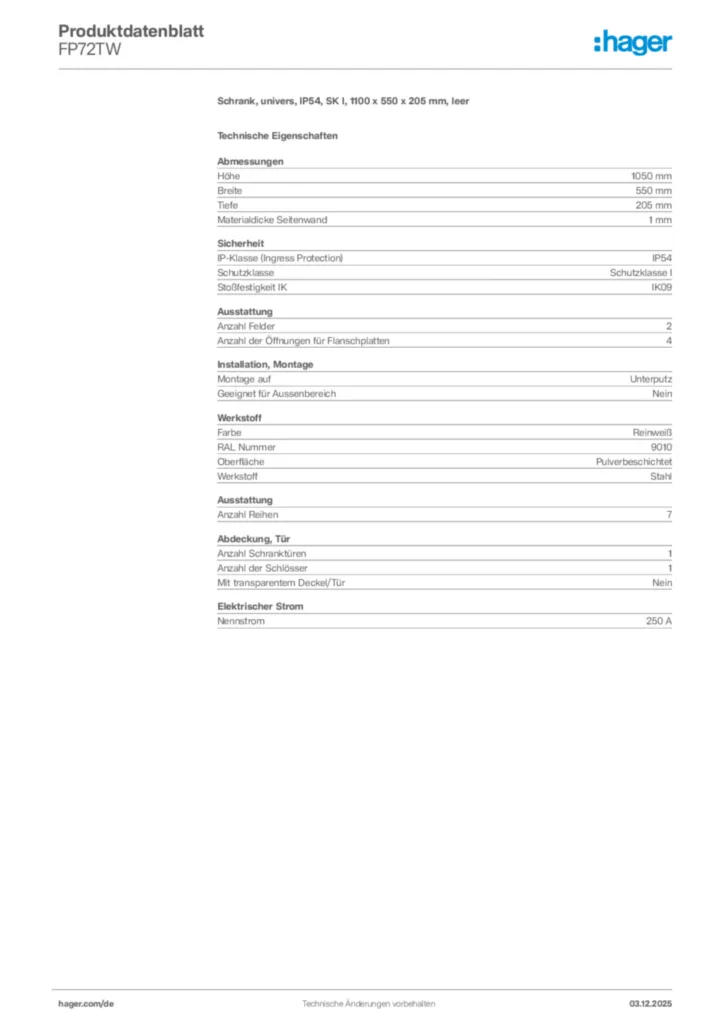 Bild Hager Produktdatenblatt FP72TW | Hager Deutschland