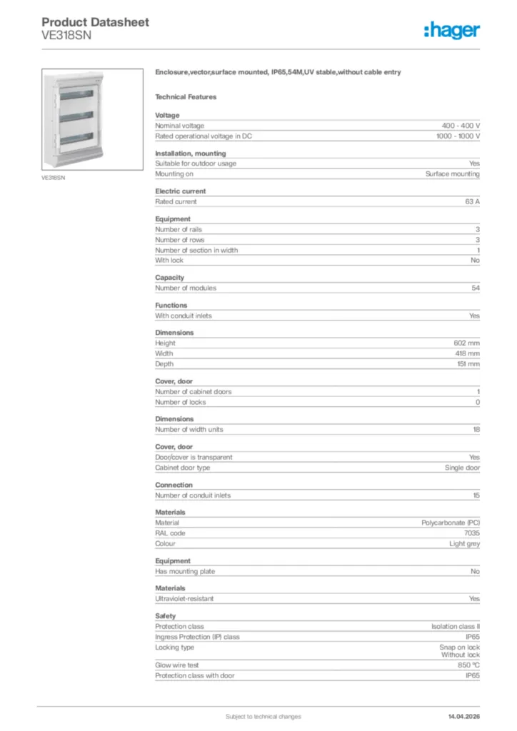 Image Hager Product data sheet VE318SN  | Hager Africa