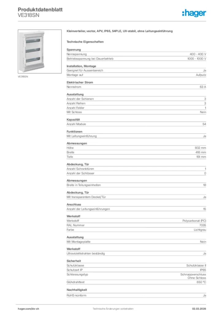 Bild Hager Produktdatenblatt VE318SN | Hager Schweiz