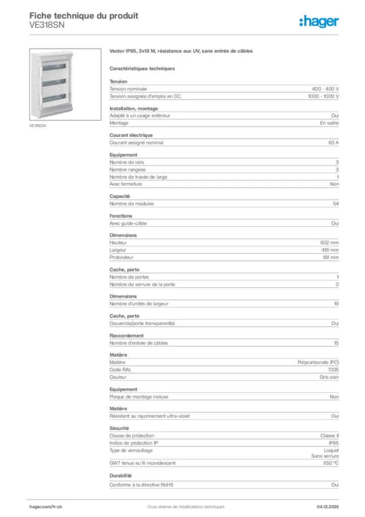 Image Hager Fiche technique du produit VE318SN | Hager Suisse