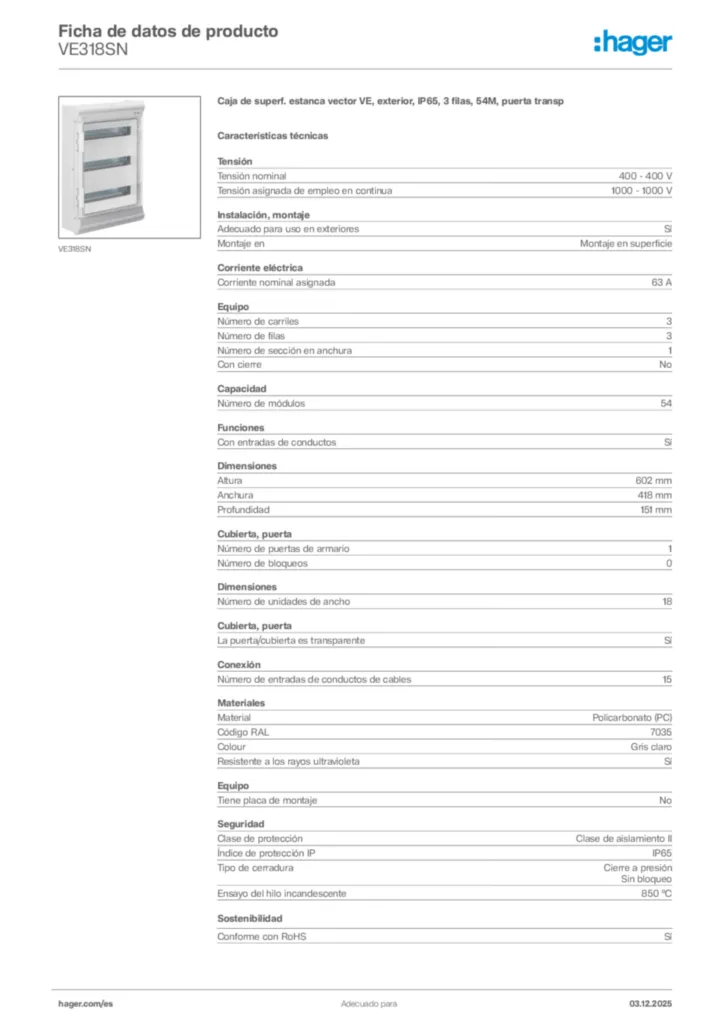 Imagen Hager Ficha de datos de producto VE318SN | Hager España