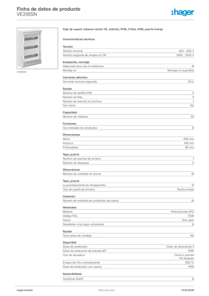 Imagen Hager Ficha de datos de producto VE318SN | Hager España