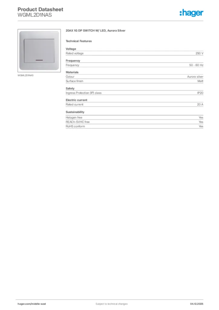 Image Hager Product data sheet WGML2D1NAS  | Hager