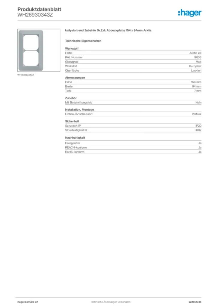 Bild Hager Produktdatenblatt WH26930343Z | Hager Schweiz