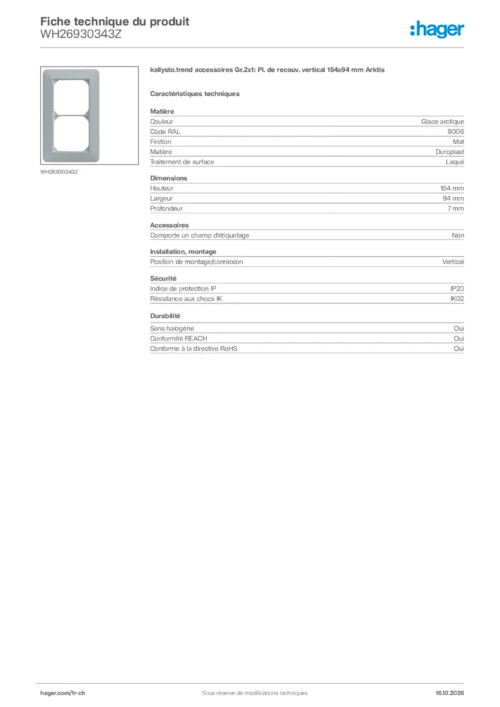Image Hager Fiche technique du produit WH26930343Z | Hager Suisse