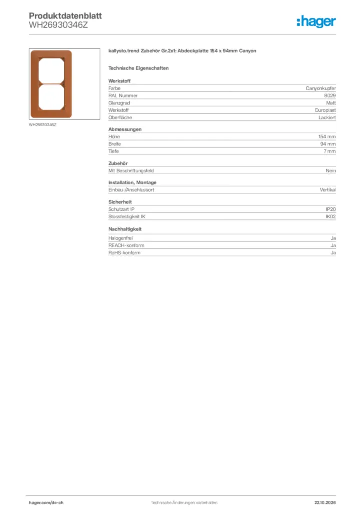 Bild Hager Produktdatenblatt WH26930346Z | Hager Schweiz