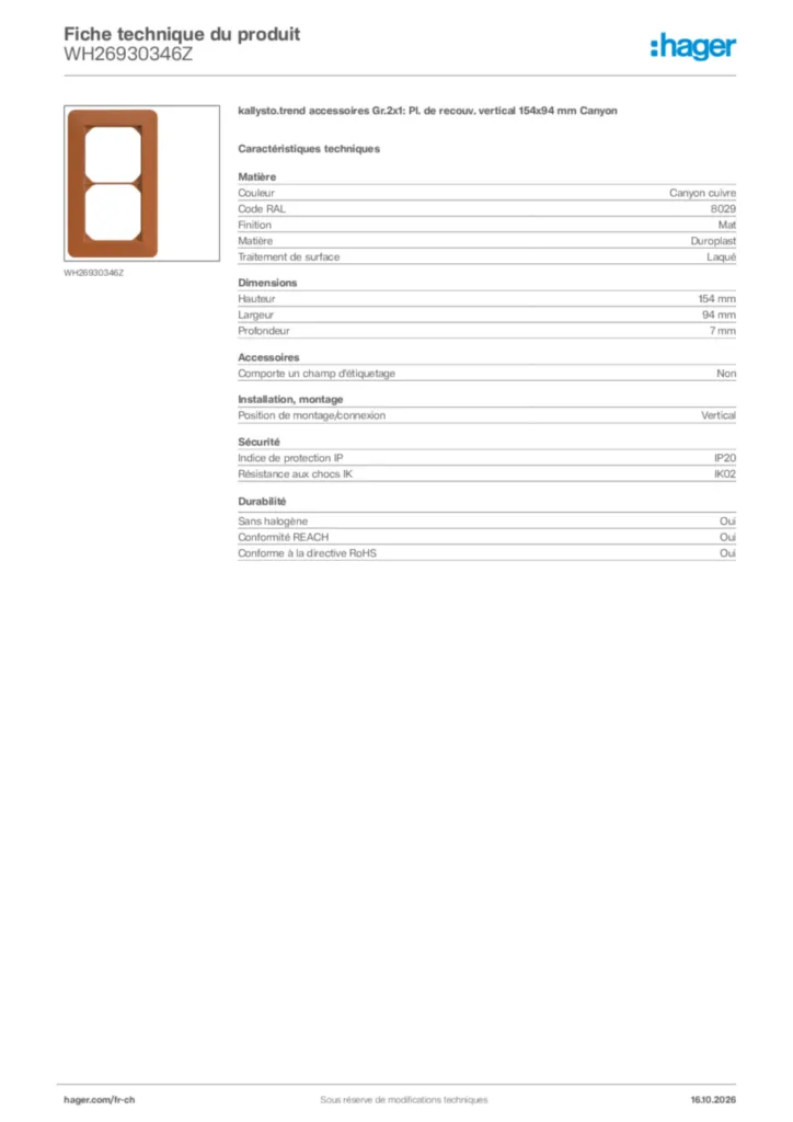 Image Hager Fiche technique du produit WH26930346Z | Hager Suisse